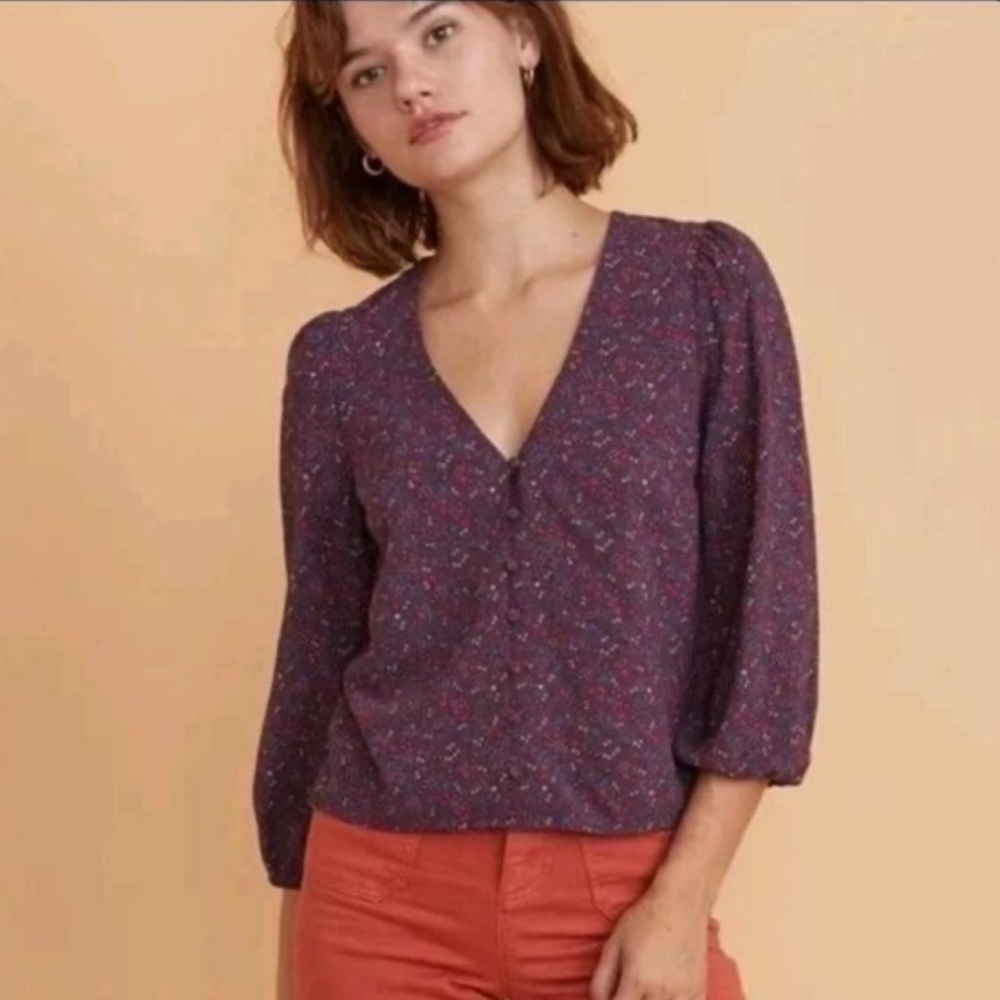 Marine Layer Stacey Button Down Cabernet Ditsy Floral Blouse NWT